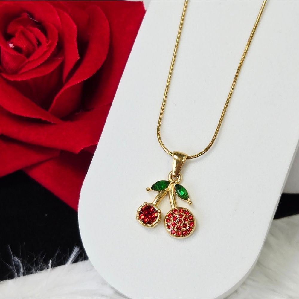Gold Rhinestone Cherry Pendant Necklace Red CZ Fruit Charm Snake Chain Y2K Glam